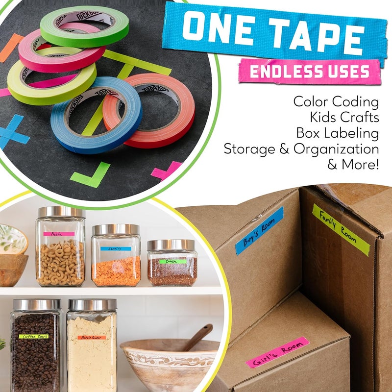 Lockport 5 Pack Colored Spike Tape Set, Neon Gaff Tape, Bright Fluorescent Gaffer Tapes, 1/2 Inch X 20 Yards Multicolored for Theater, Stage, Floor Marking, School - Image 2